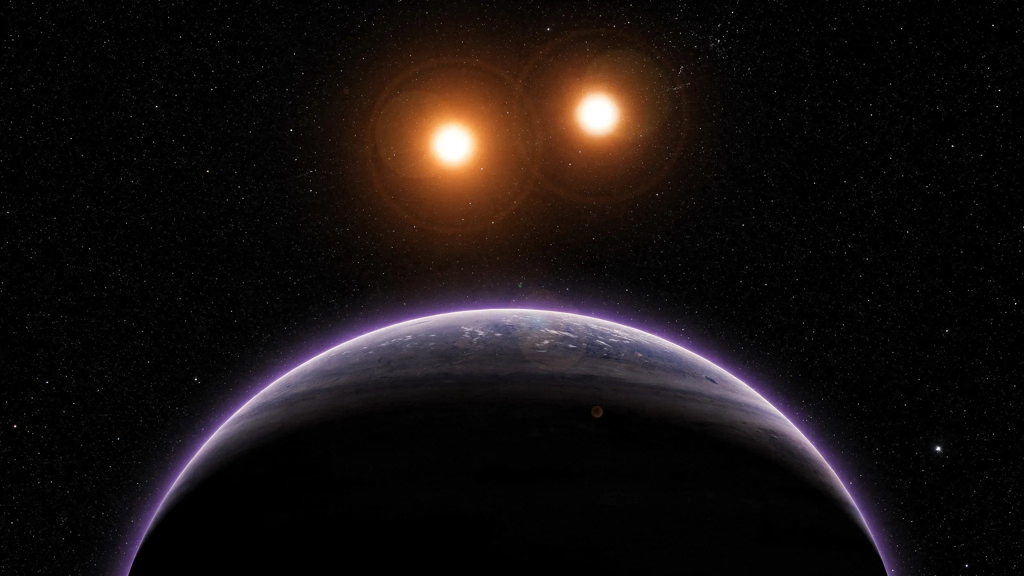 Two orange stars side by side in deep space, a faint dark giant planet lit at its edge in the foreground.