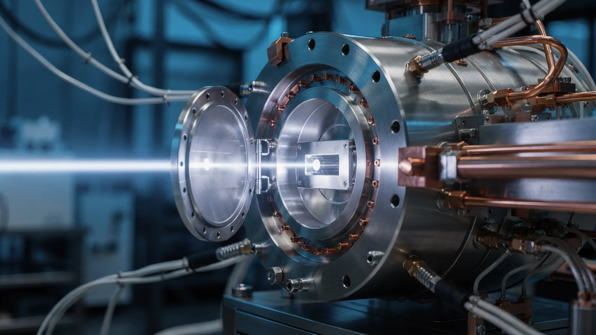 A narrow beam of particles entering a small glowing cavity inside a steel vacuum chamber, lit in blue.