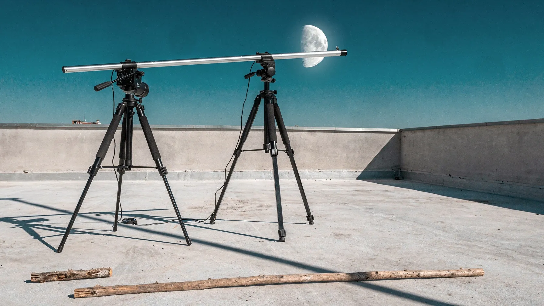 A metal rod on camera tripods on a rooftop terrace under a cyan sky, with a half Moon in the sky.