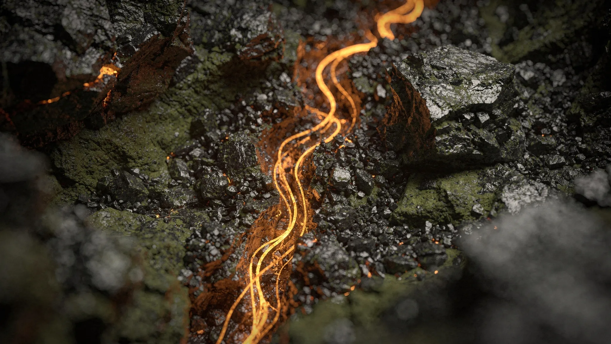Close-up of glowing molten rock seeping through cracks between dark mantle rock grains, olive-tinted light.