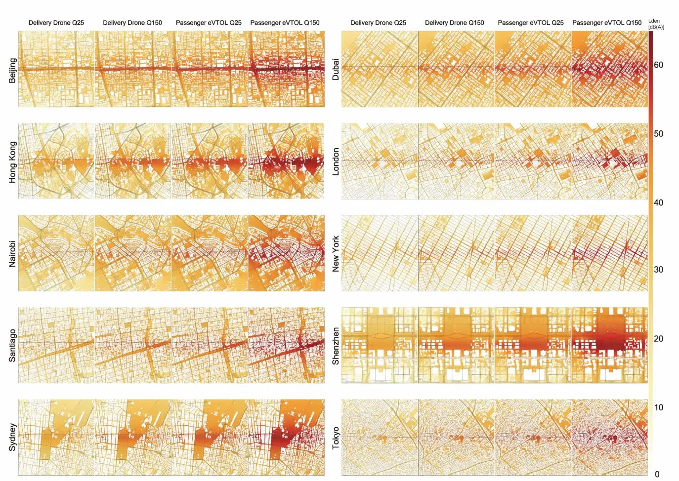 Grid of city noise maps in orange and red.