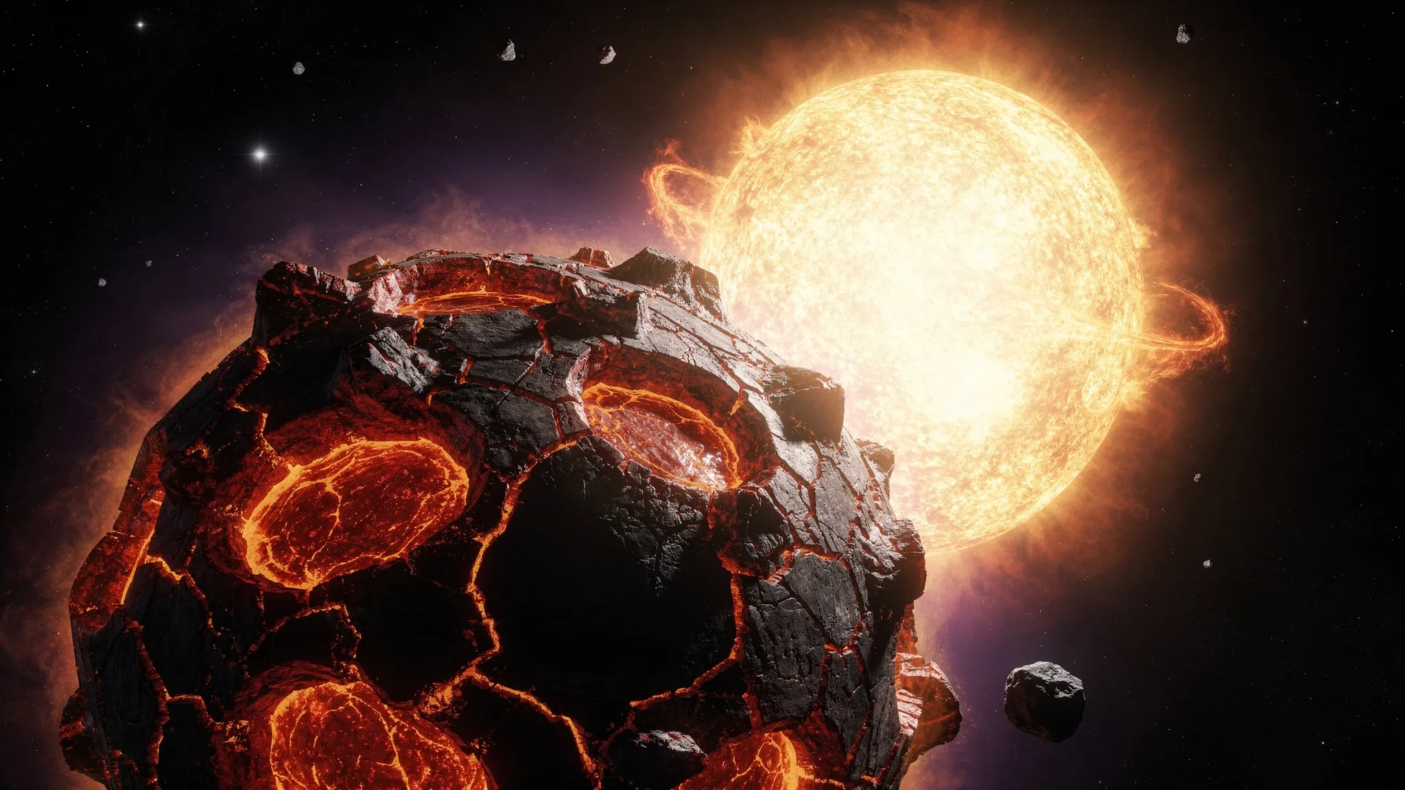 A rocky world with a cracked dark crust and glowing pools of lava, close to a large blazing star, against black space.