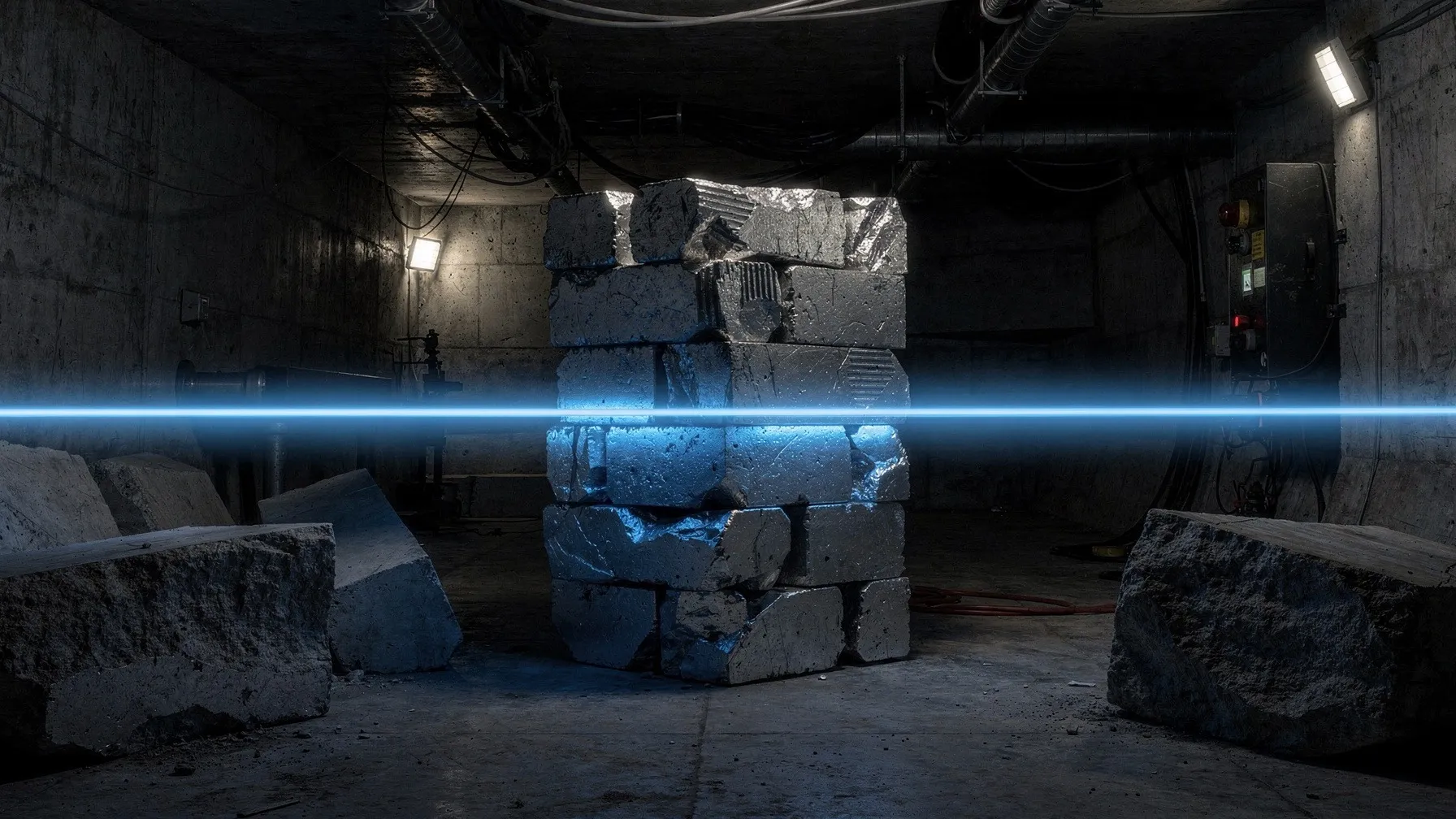A dark underground experimental hall where a thin blue beam of light crosses a block of stacked bricks.