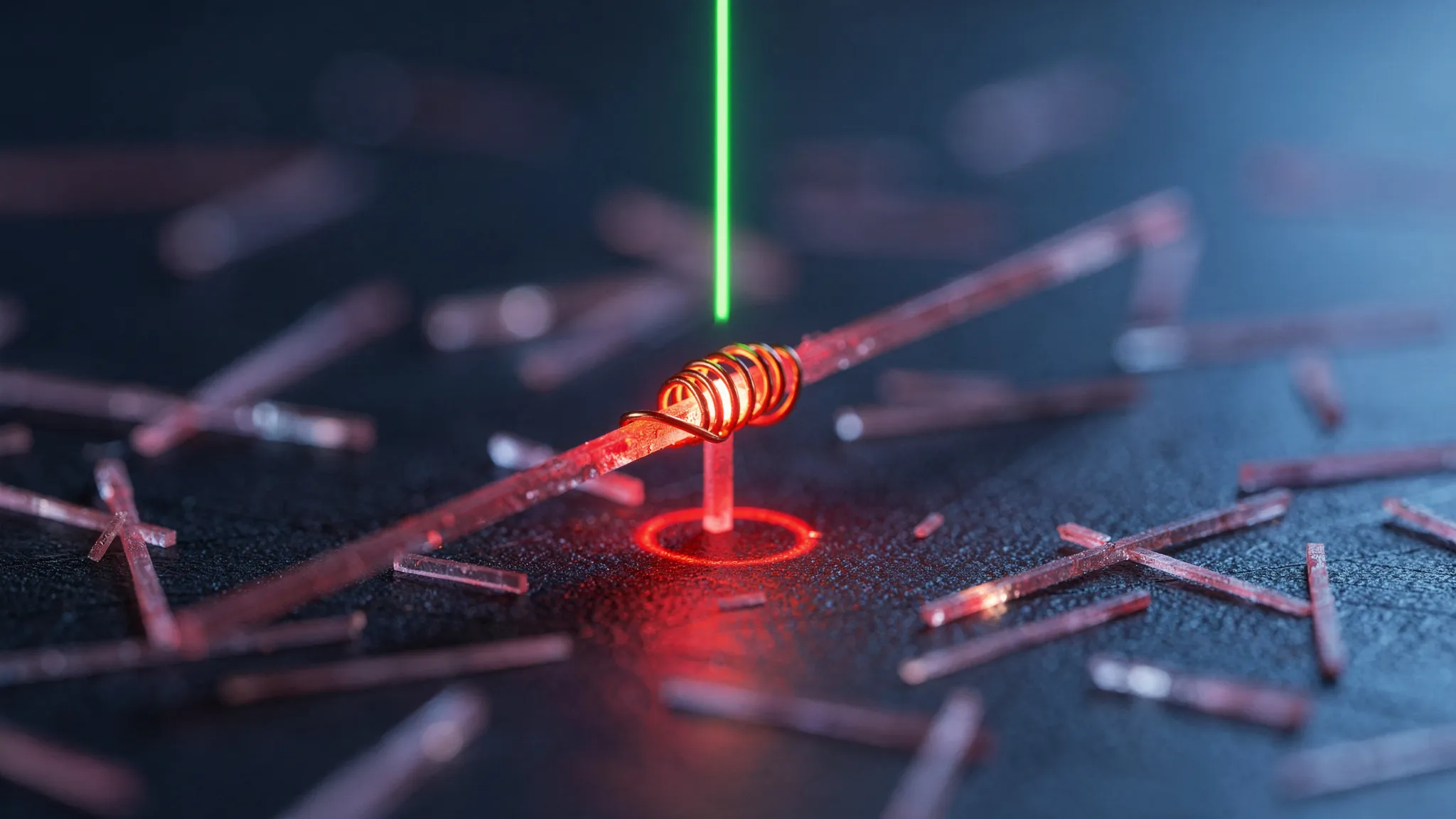 Macro photograph of thin pink needle-shaped crystals on a dark surface; one needle glows red where a green laser beam hits it, inside a small copper coil.