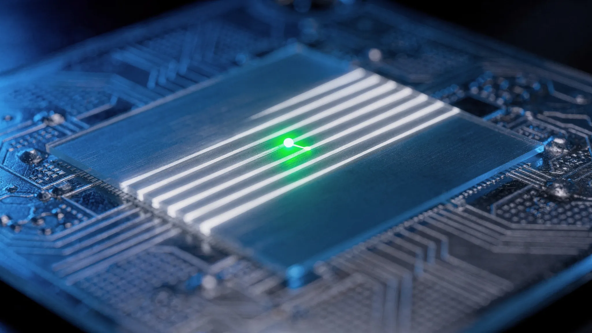 A thin crystal film on a patterned chip glowing with a row of evenly spaced bright stripes, lit in deep cobalt blue.
