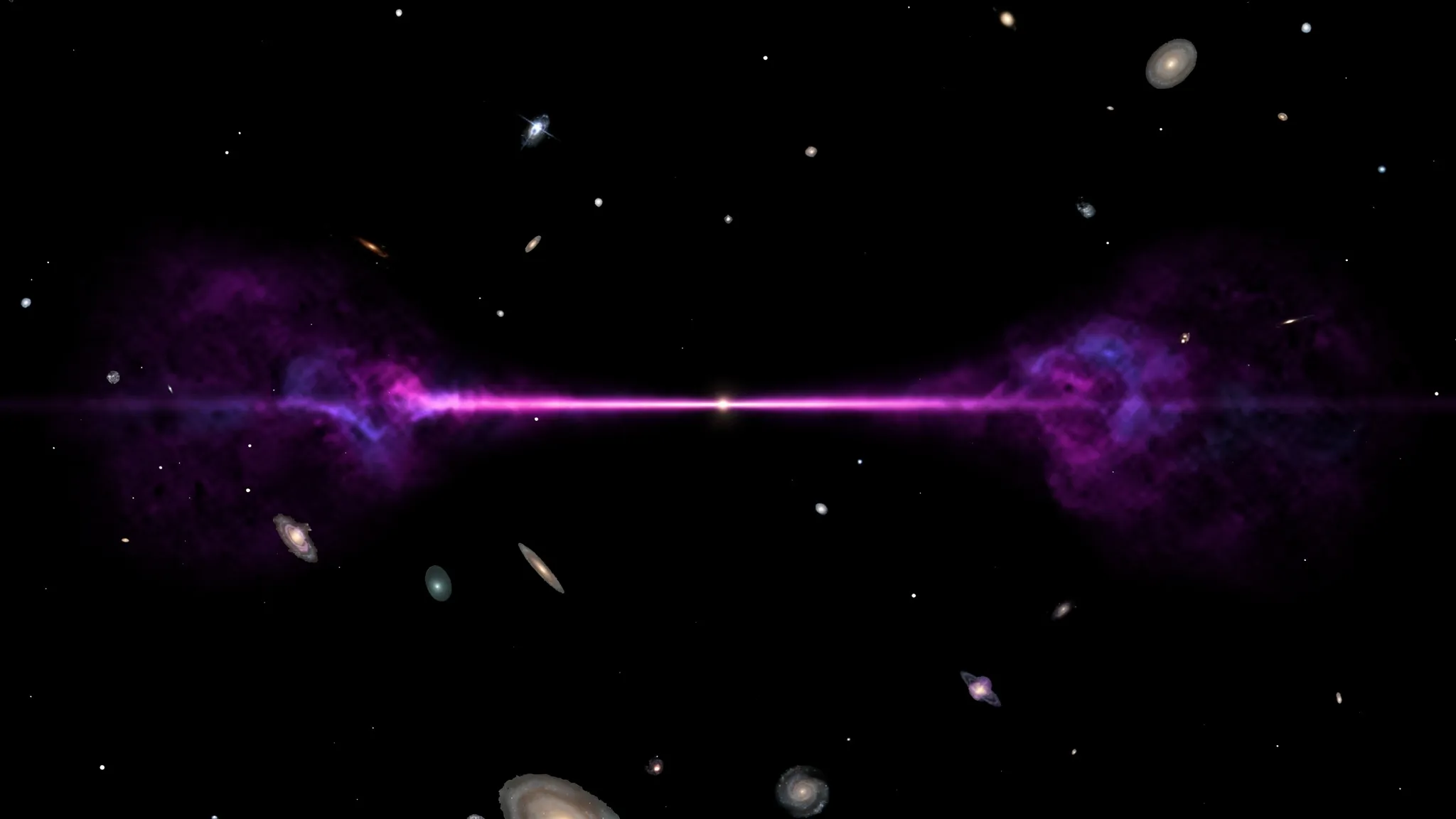 False-colour radio image of a distant galaxy: a bright core with two long straight violet jets ending in wide diffuse lobes.