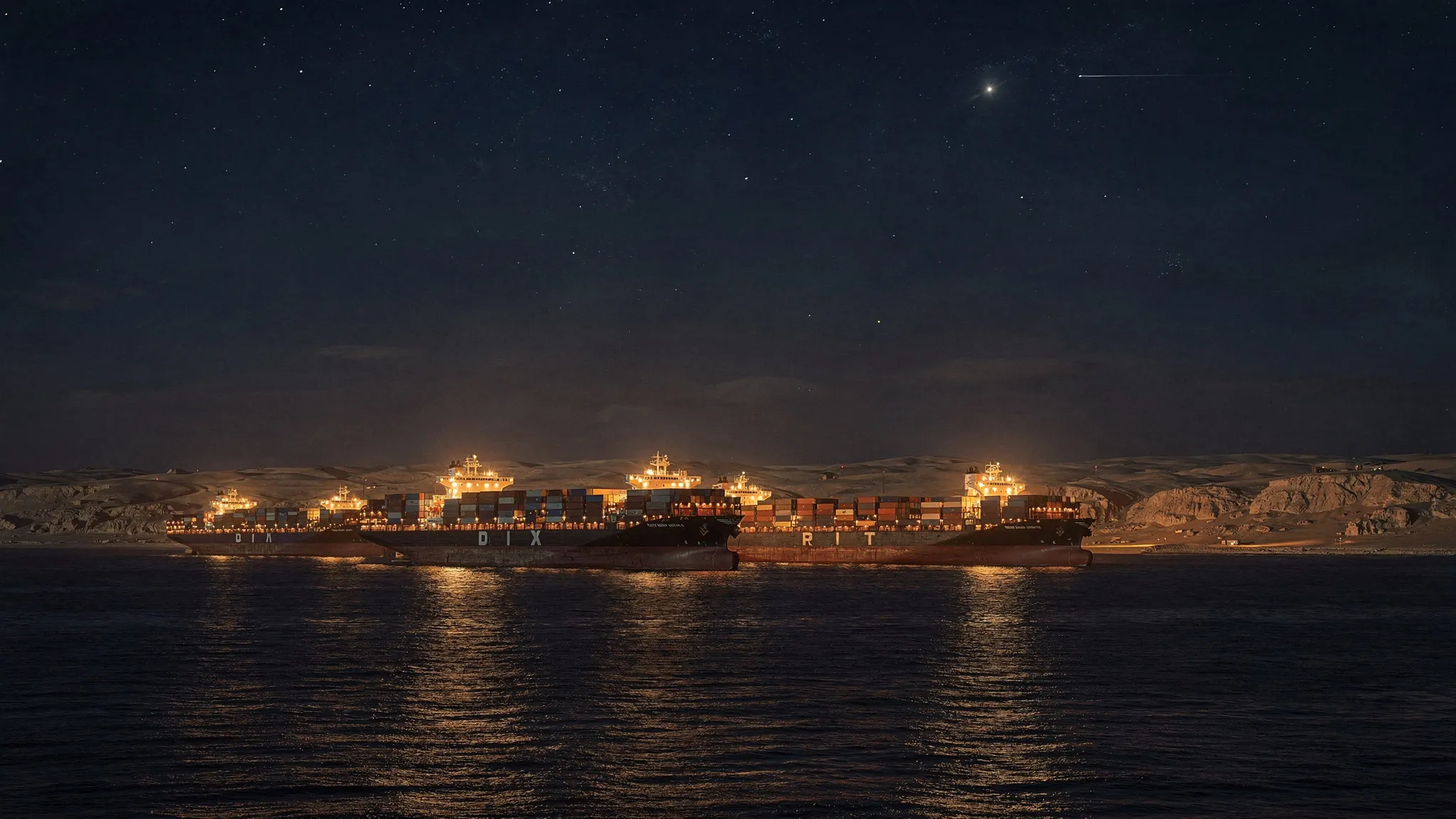 Container ships at night near a desert coast, deck lights on dark water, a navigation satellite as a bright point in the starry sky.