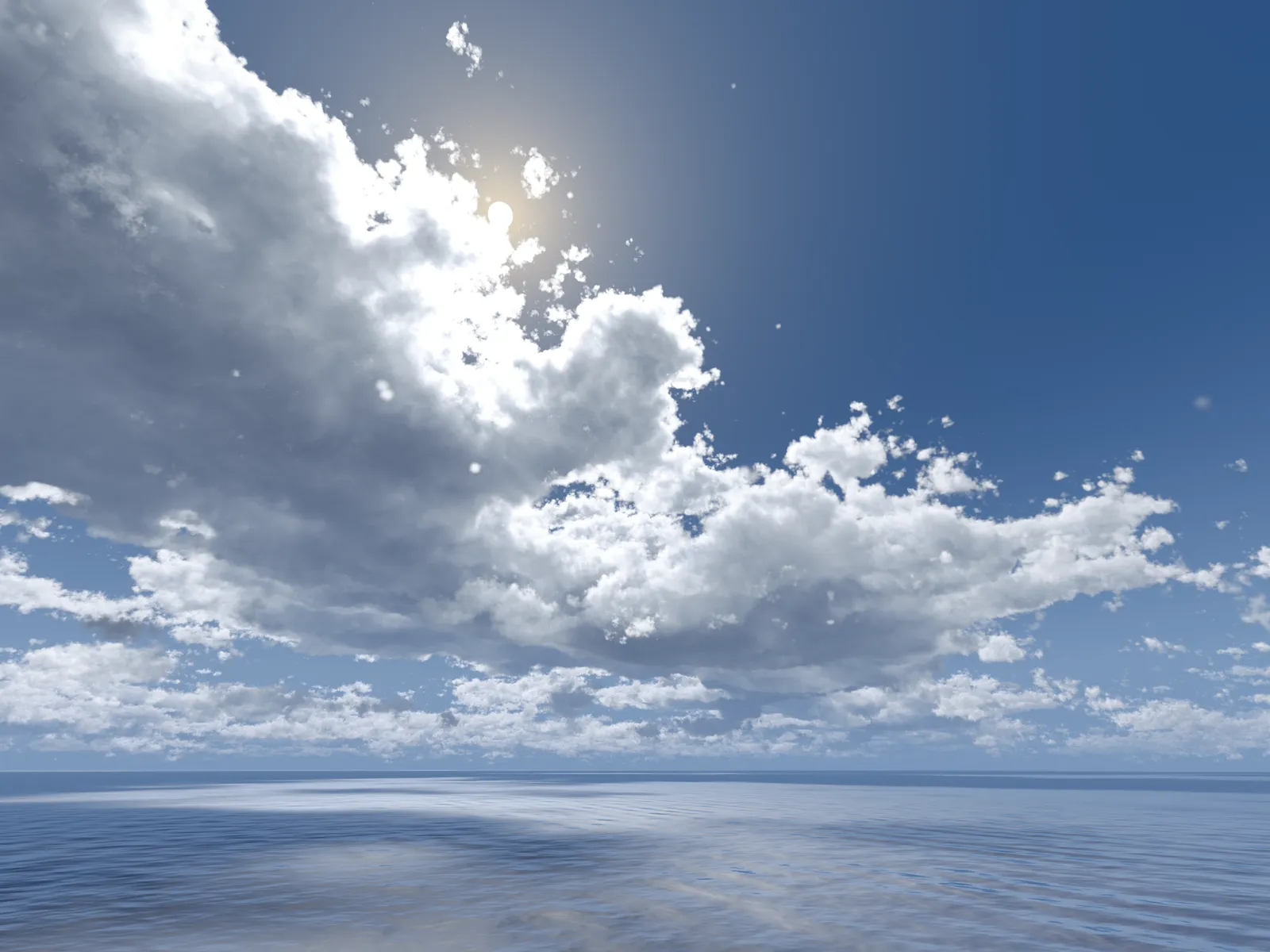 A photorealistic rendering of white cumulus clouds over a calm sea under a blue sky.
