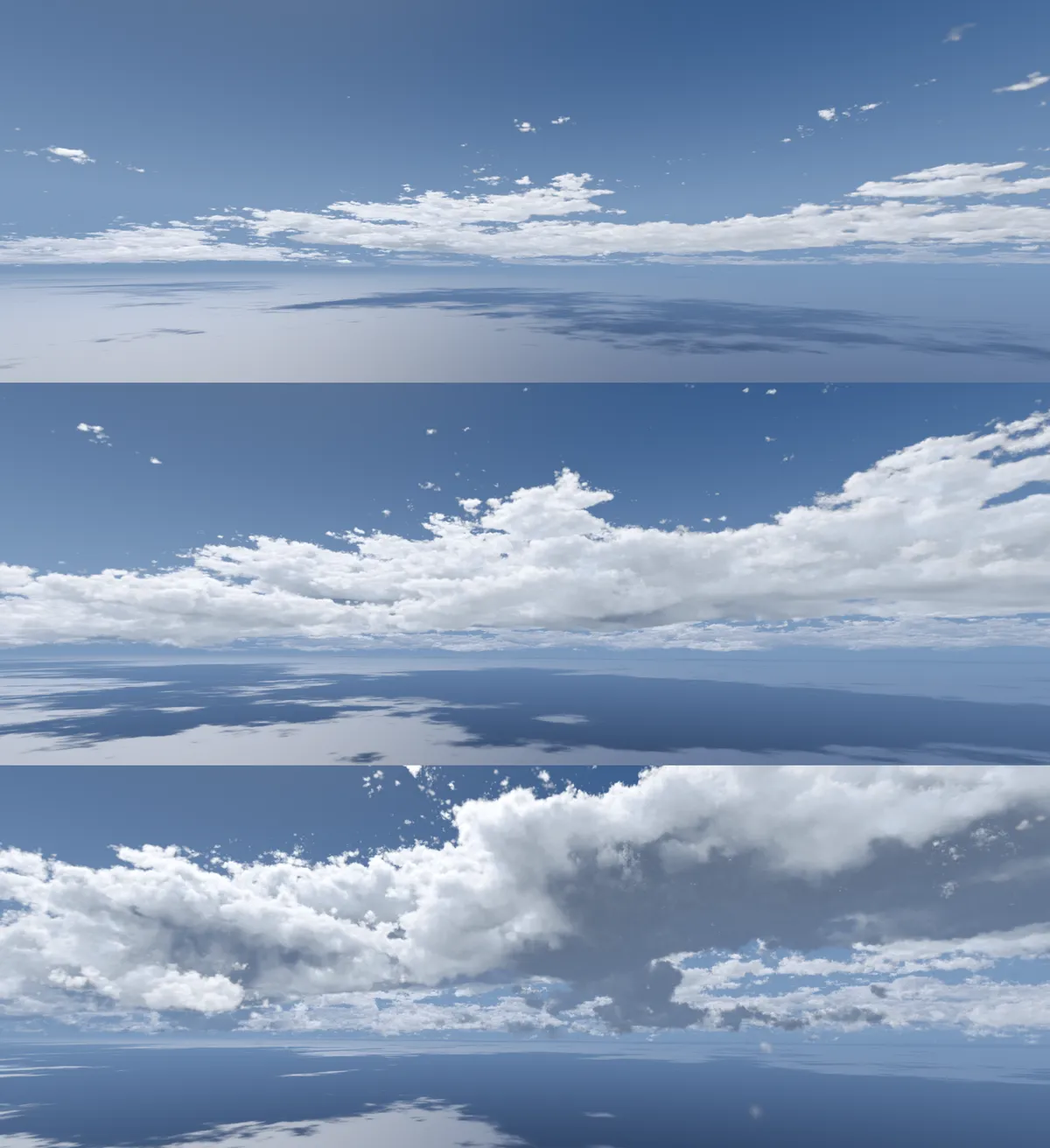 Three panoramic renderings of cloud fields over the sea: thin scattered clouds, a band of fuller clouds, and towering cumulus.